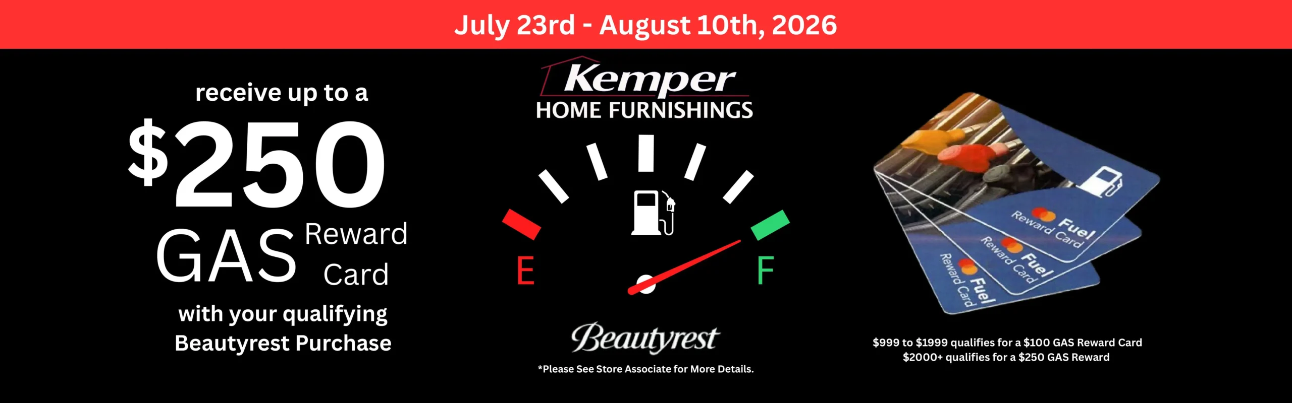 Kemper Home Furnishings gas card promotion for Beautyrest purchases.