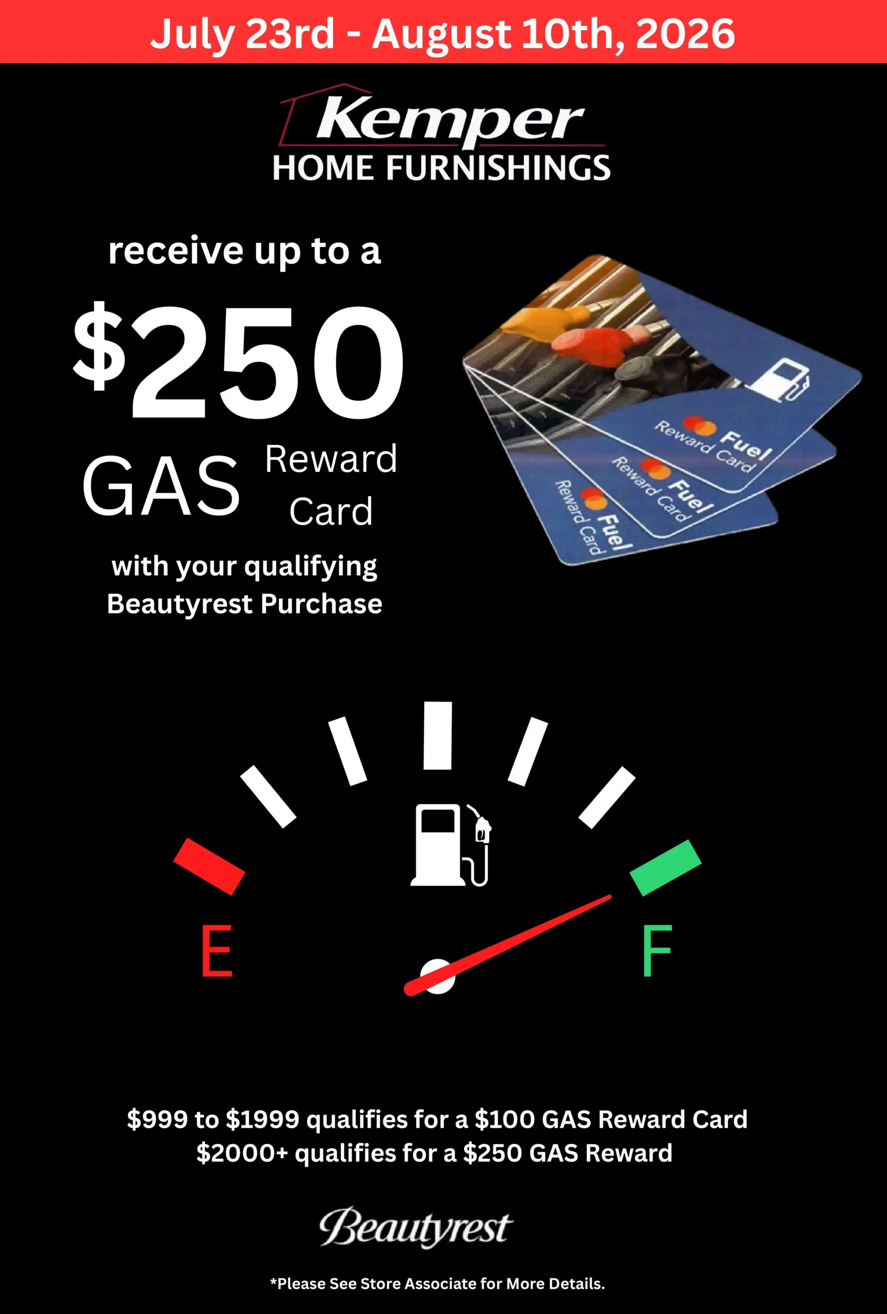Kemper Home Furnishings promotion for up to $250 gas reward.
